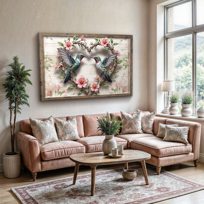 3D Hummingbirds Wall Art II canvas with two hummingbirds on a heart vine by Tailored Canvases on Tampa Home & Garden Store