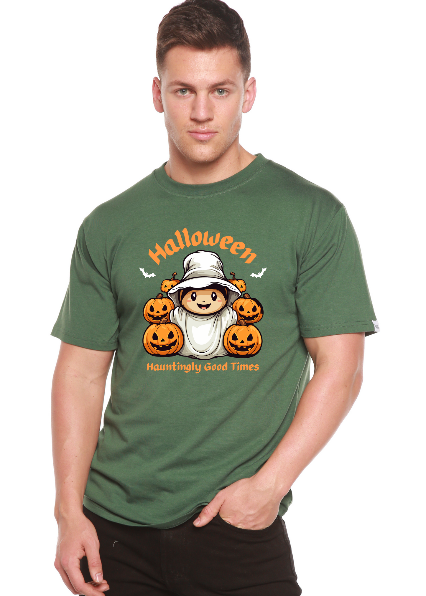 Men's green bamboo T-shirt by Spun Bamboo with Halloween mummy and pumpkins on Tampa Home & Garden Store