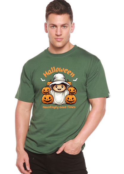 Men's green bamboo T-shirt by Spun Bamboo with Halloween mummy and pumpkins on Tampa Home & Garden Store