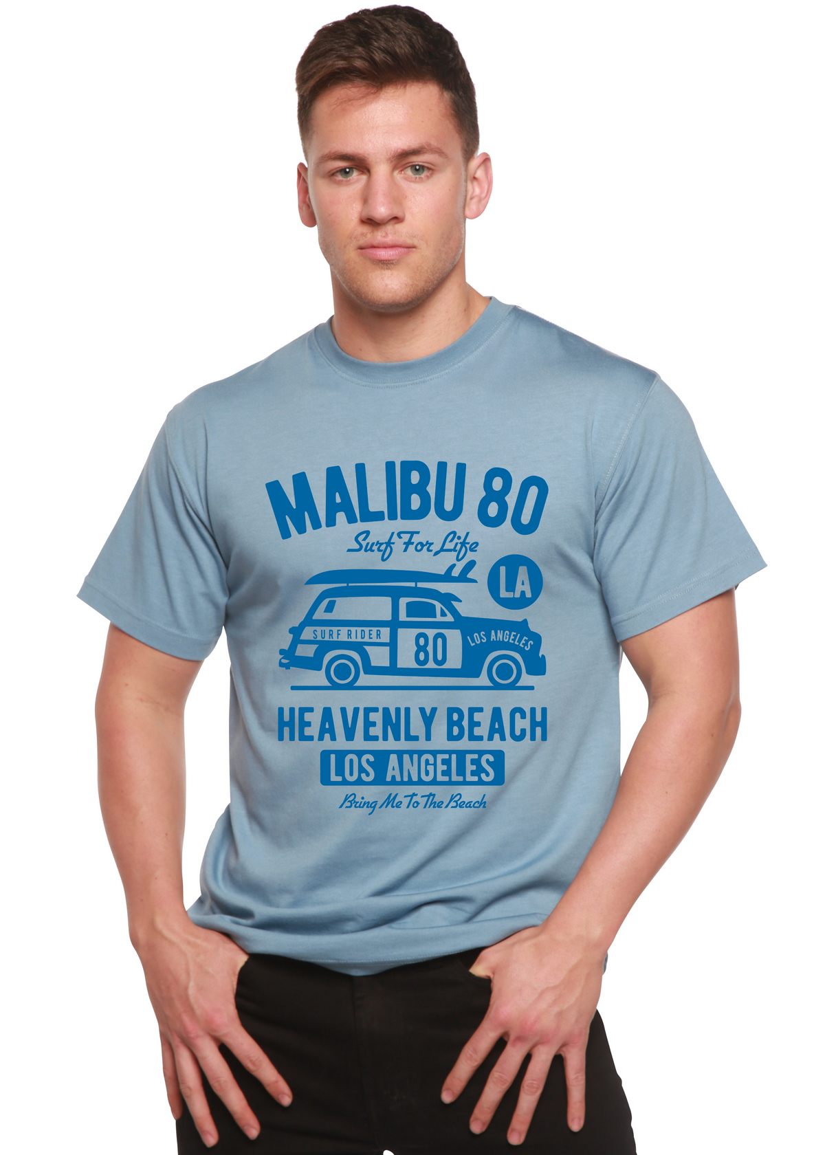 Malibu 80 men's bamboo viscose/organic cotton graphic T-shirt in light blue by Spun Bamboo on Tampa Home & Garden Store