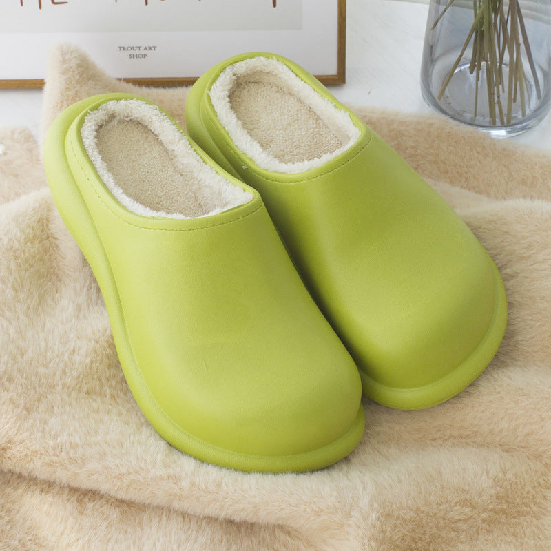 Women's lime green plush indoor slippers with memory foam and fluffy fur lining pair on Tampa Home & Garden Store