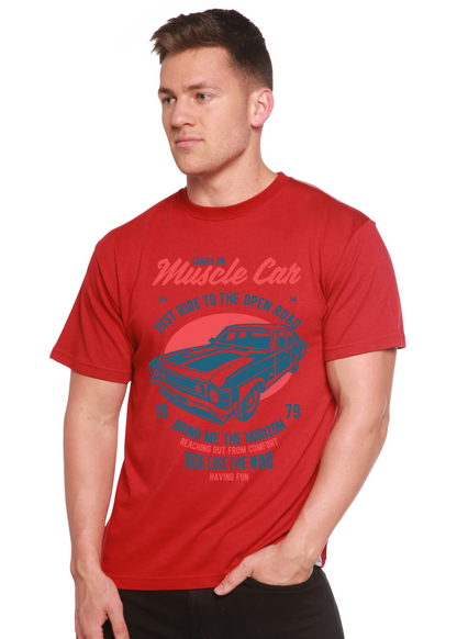 Muscle Car Spun Bamboo men's red short sleeve graphic tee with blue vintage car print on Tampa Home & Garden Store