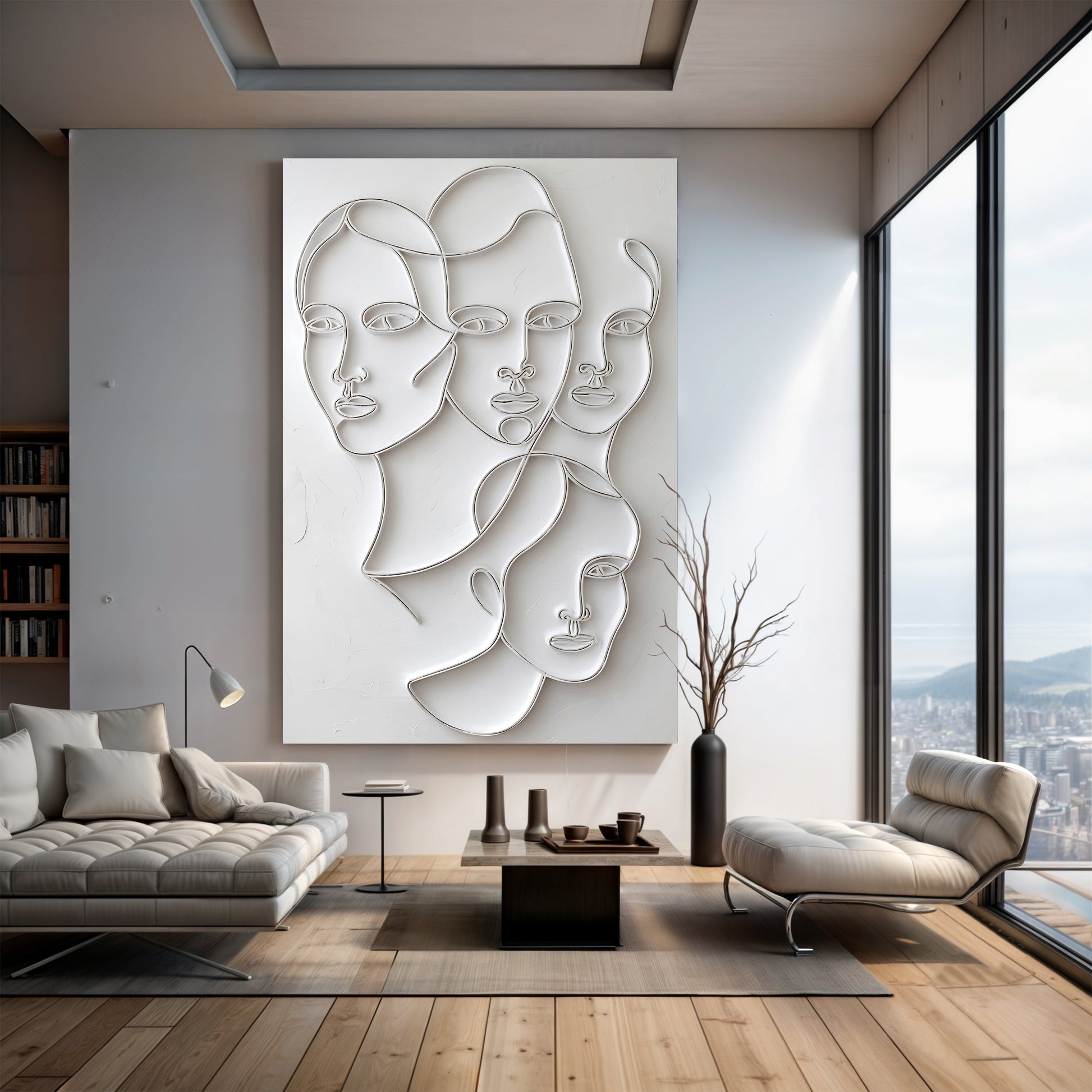 3D Minimalist Faces Canvas wall art white embossed line art Tailored Canvases large piece on Tampa Home & Garden Store
