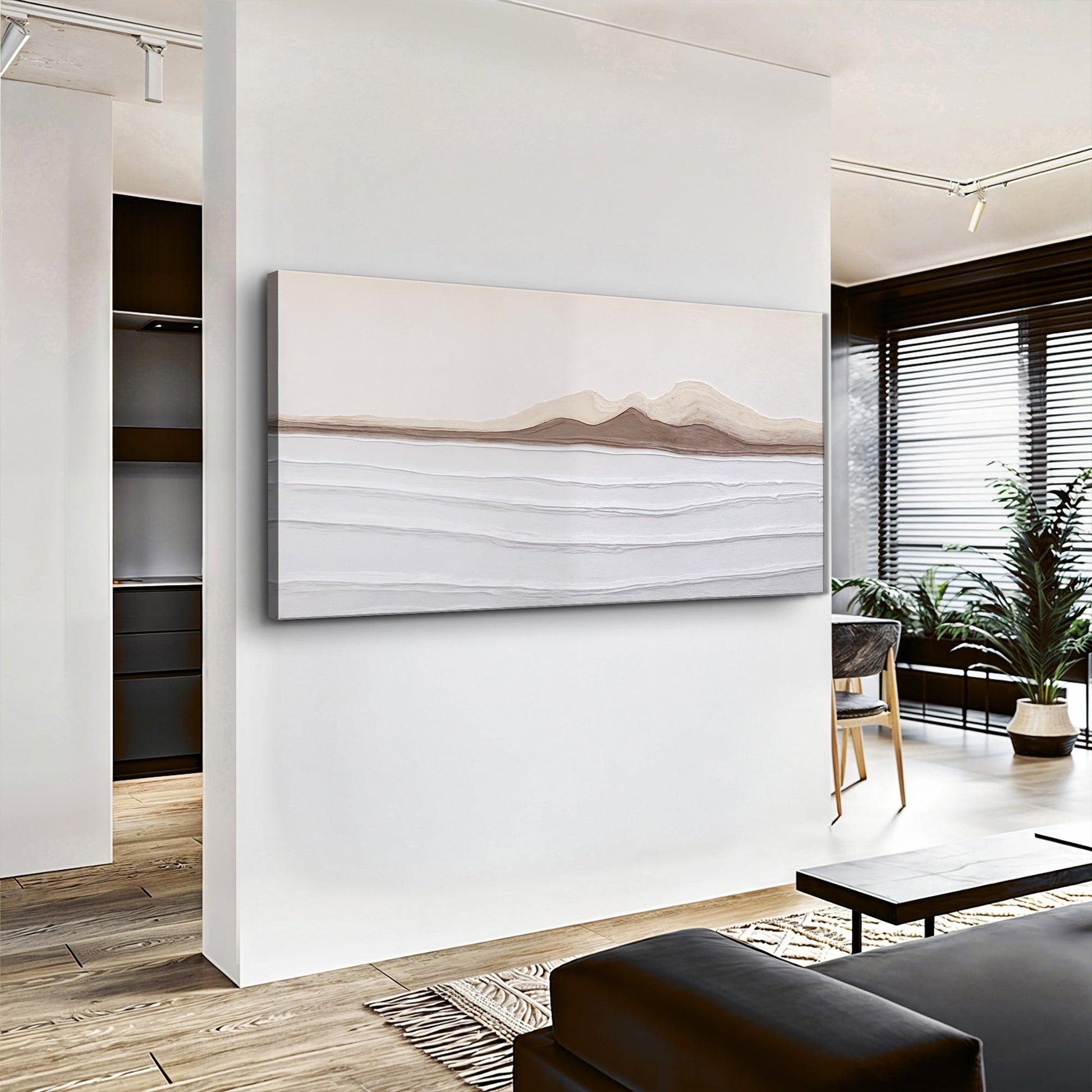 Earth Tone Abstract Wall Art canvas featuring muted beige and tan horizon lines on Tampa Home & Garden Store