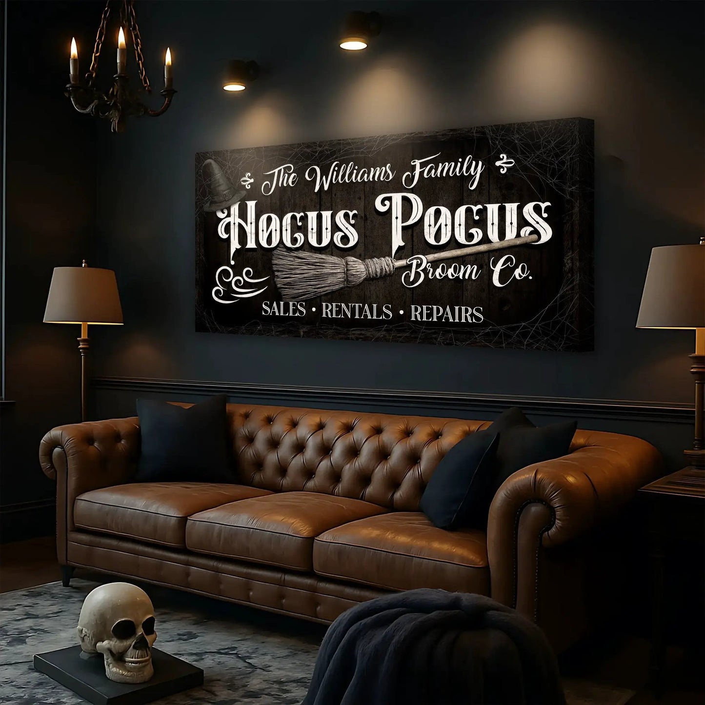 Canvas wall sign Personalized Hocus Pocus Broom Co. with broom motif on dark wood on Tampa Home & Garden Store