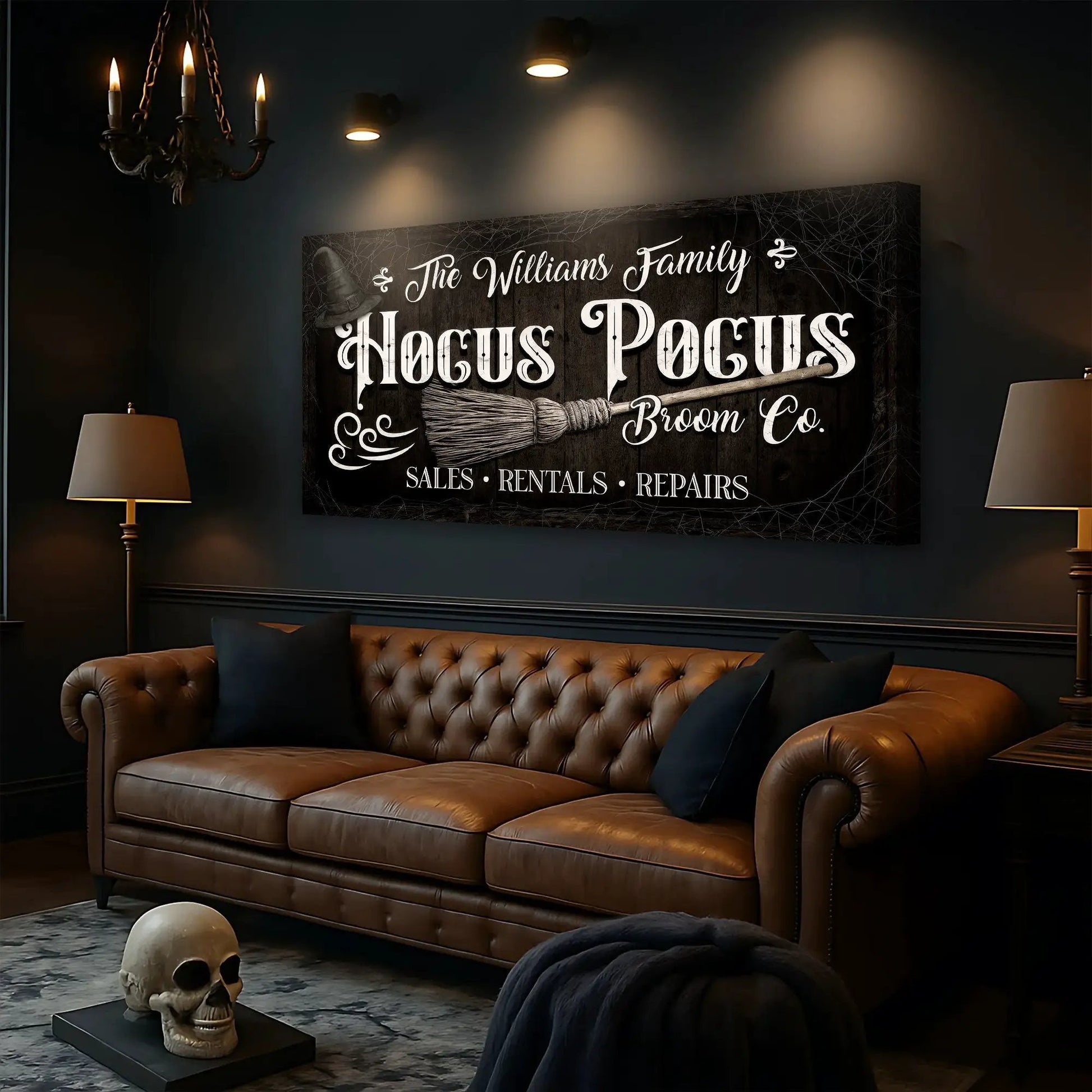 Canvas wall sign Personalized Hocus Pocus Broom Co. with broom motif on dark wood on Tampa Home & Garden Store