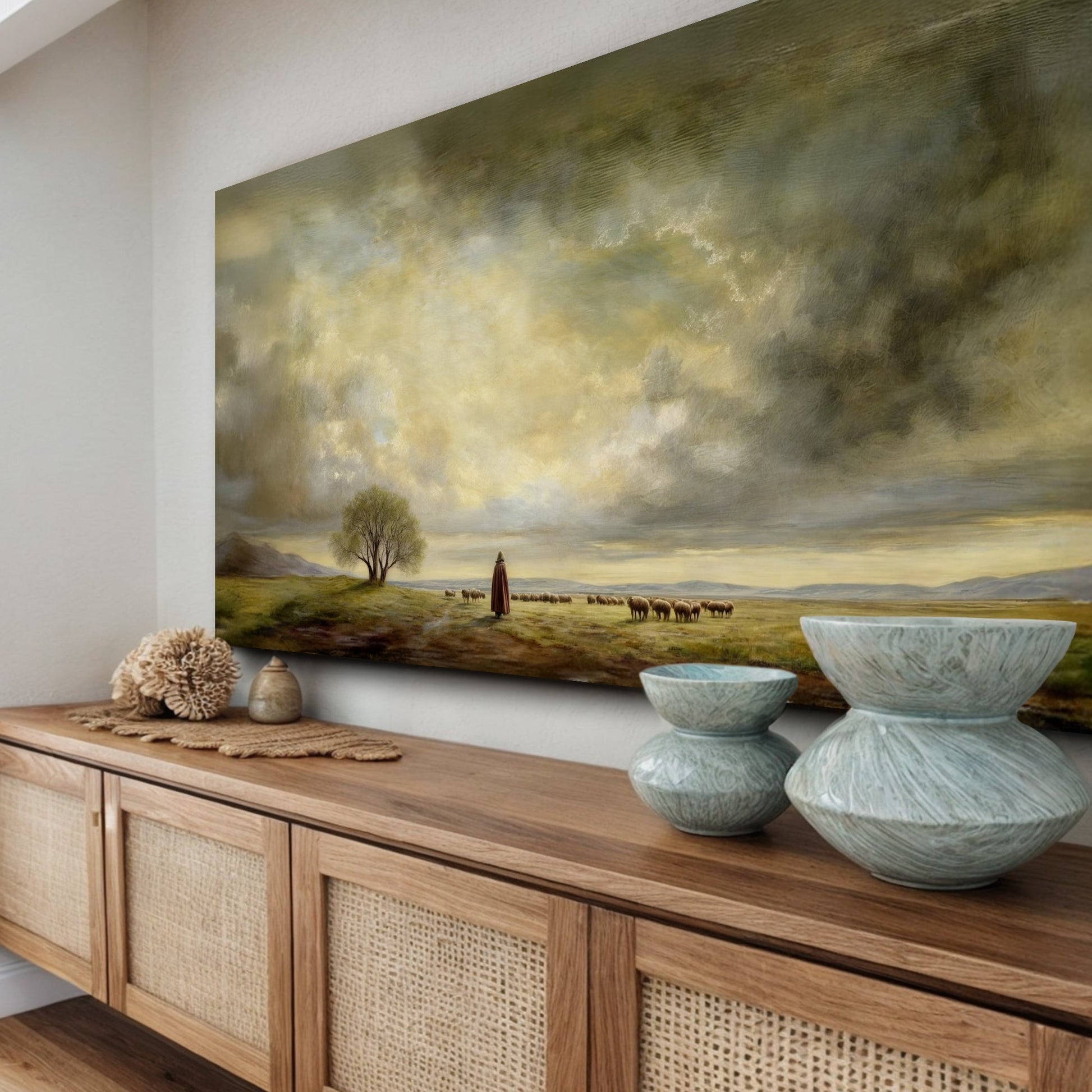 Canvas The Good Shepherd Faith by Tailored Canvases; shepherd and flock in pastoral scene on Tampa Home & Garden Store