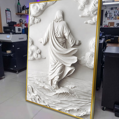 3D Jesus walking on water canvas wall art in white relief, Tailored Canvases, gold frame on Tampa Home & Garden Store