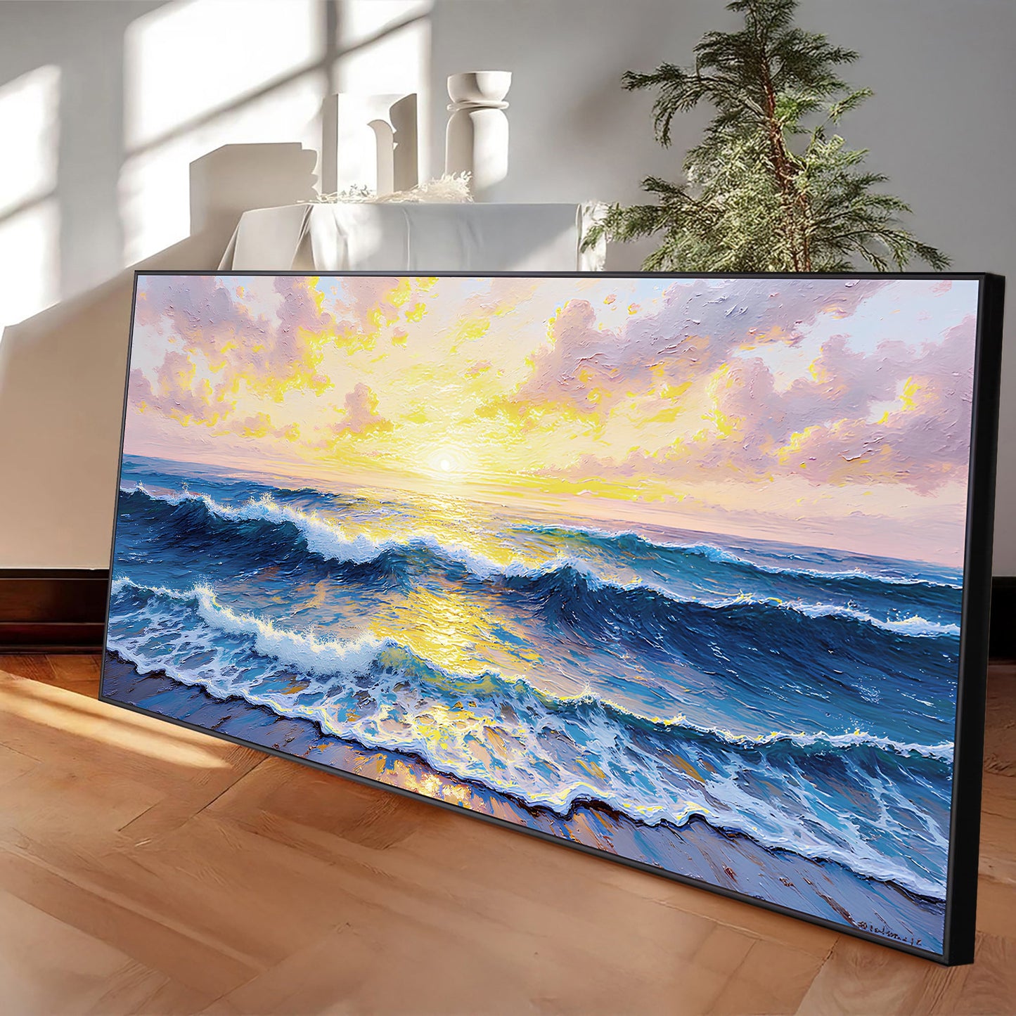 Golden Horizon wall art canvas sunset over the ocean in warm yellows and blues on Tampa Home & Garden Store