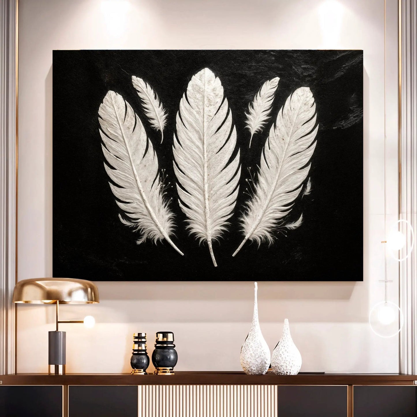 Minimalist Monochrome Feather Wall Art canvas with feathers on black Tailored Canvases on Tampa Home & Garden Store