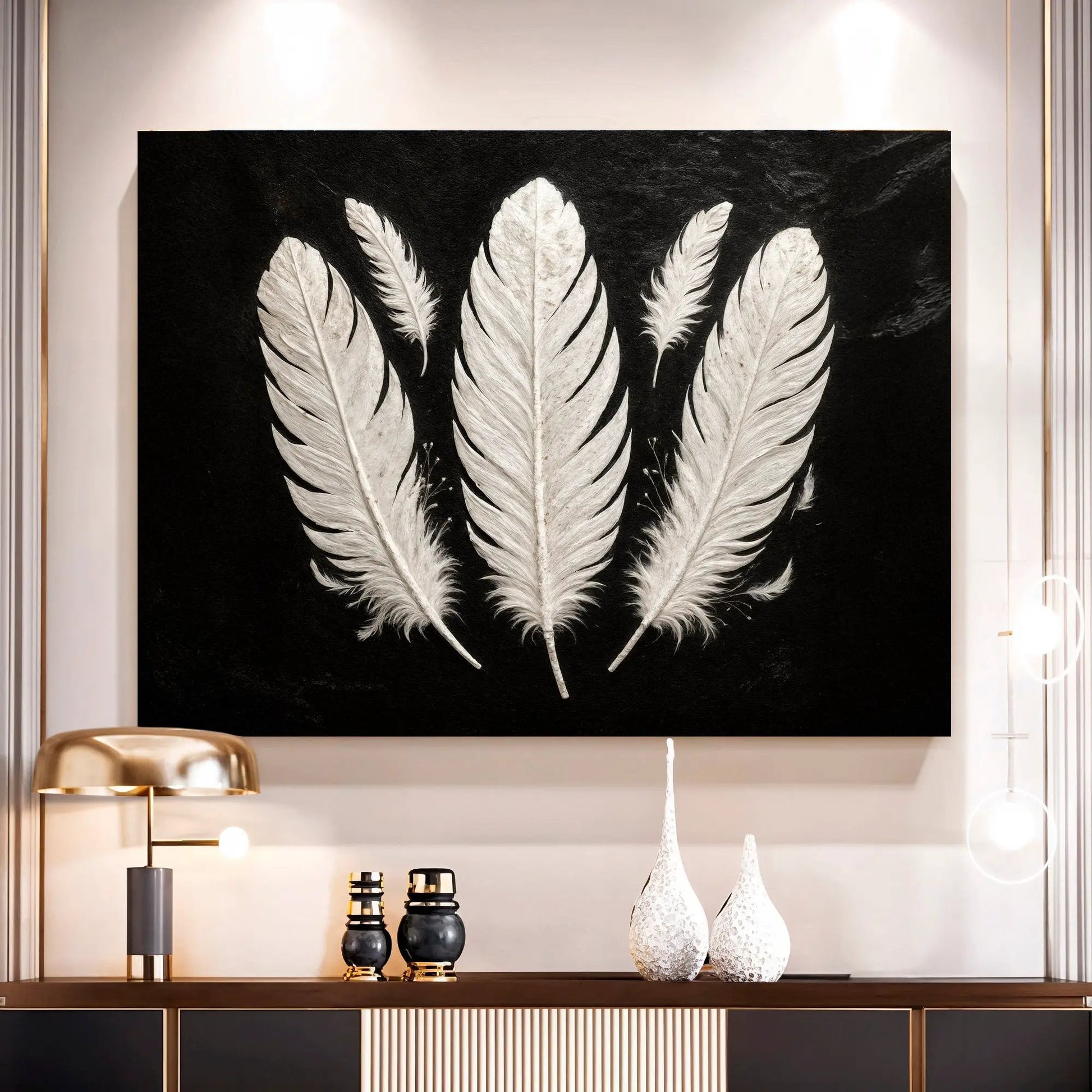 Minimalist Monochrome Feather Wall Art canvas with feathers on black Tailored Canvases on Tampa Home & Garden Store