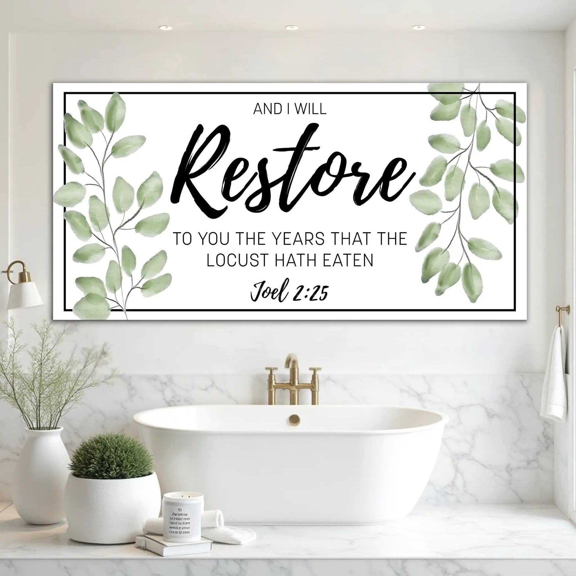 Canvas sign And I Will Restore To You Joel 2:25 Faith Sign II with border and eucalyptus on Tampa Home & Garden Store