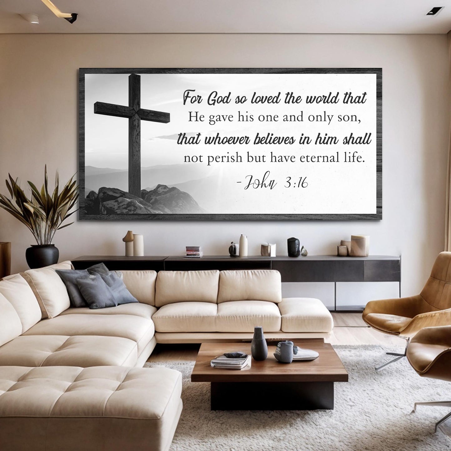 Canvas Faith Sign John 3:16 in grayscale with dark wood frame by Tailored Canvases on Tampa Home & Garden Store