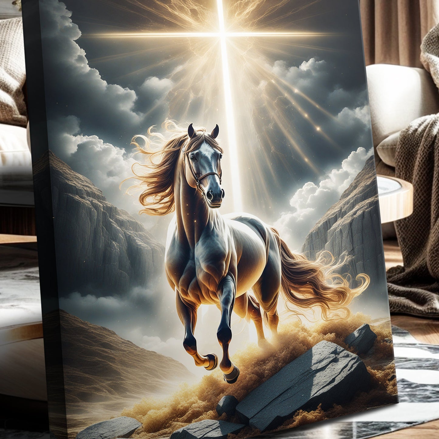 3D Horse Faith Wall Art II canvas by Tailored Canvases, dramatic sky with glowing cross on Tampa Home & Garden Store