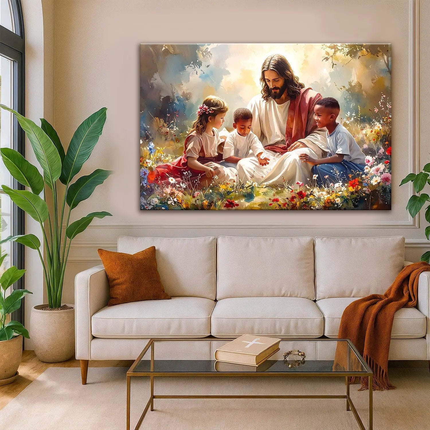 Jesus With Children Faith Wall Art VII canvas by Tailored Canvases, scene above beige sofa on Tampa Home & Garden Store