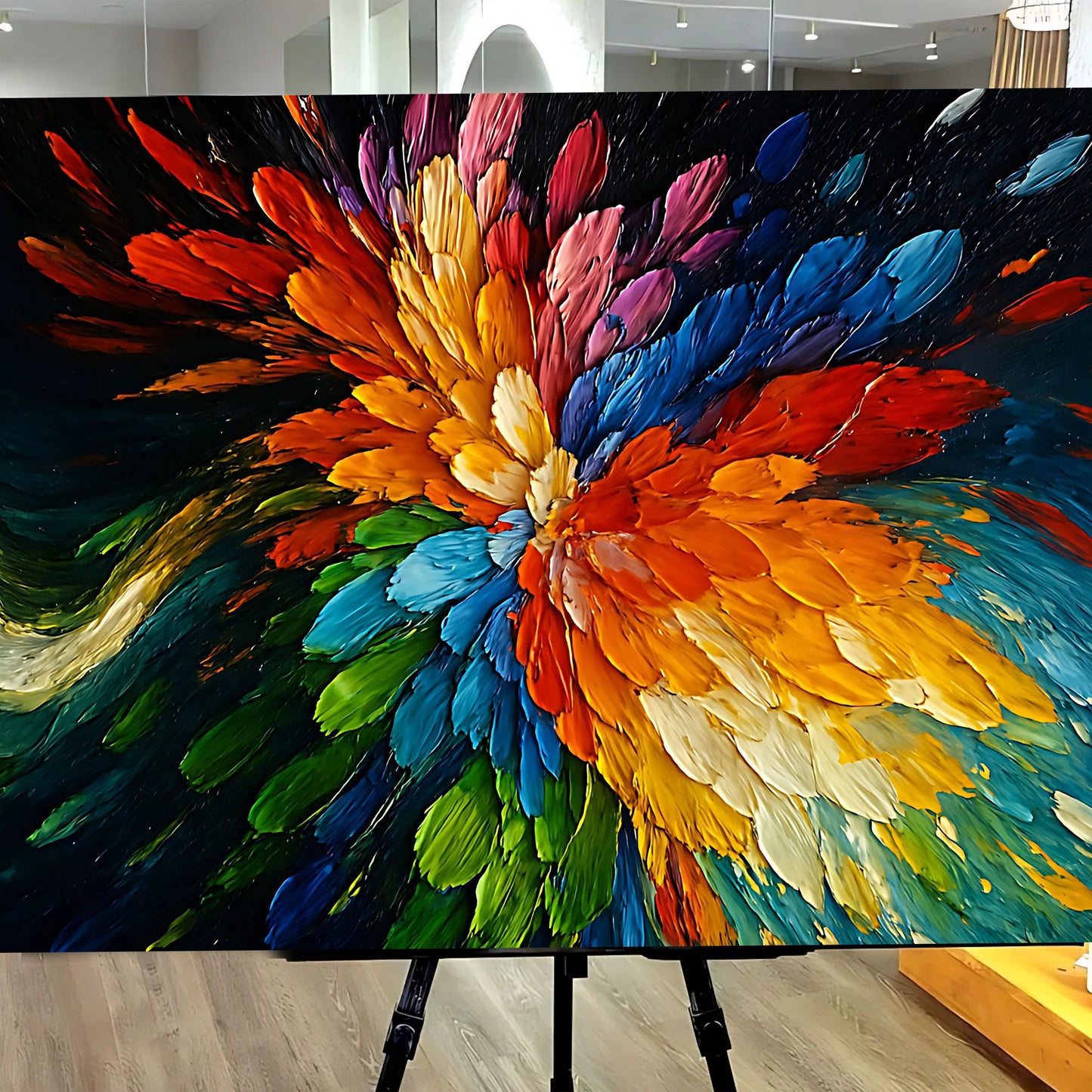 Cosmic Burst Canvas by Tailored Canvases, rainbow flowerburst on black background crafting canvas on Tampa Home & Garden Store
