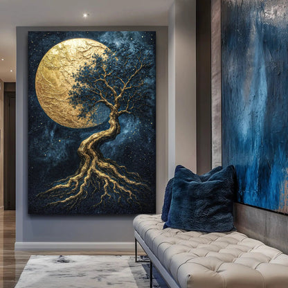 Lunar Tree of Life canvas wall art with gold moon and tree on deep blue background on Tampa Home & Garden Store