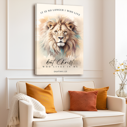 Canvas Tailored Canvases lion portrait with Galatians 2:20 verse beige artwork on Tampa Home & Garden Store