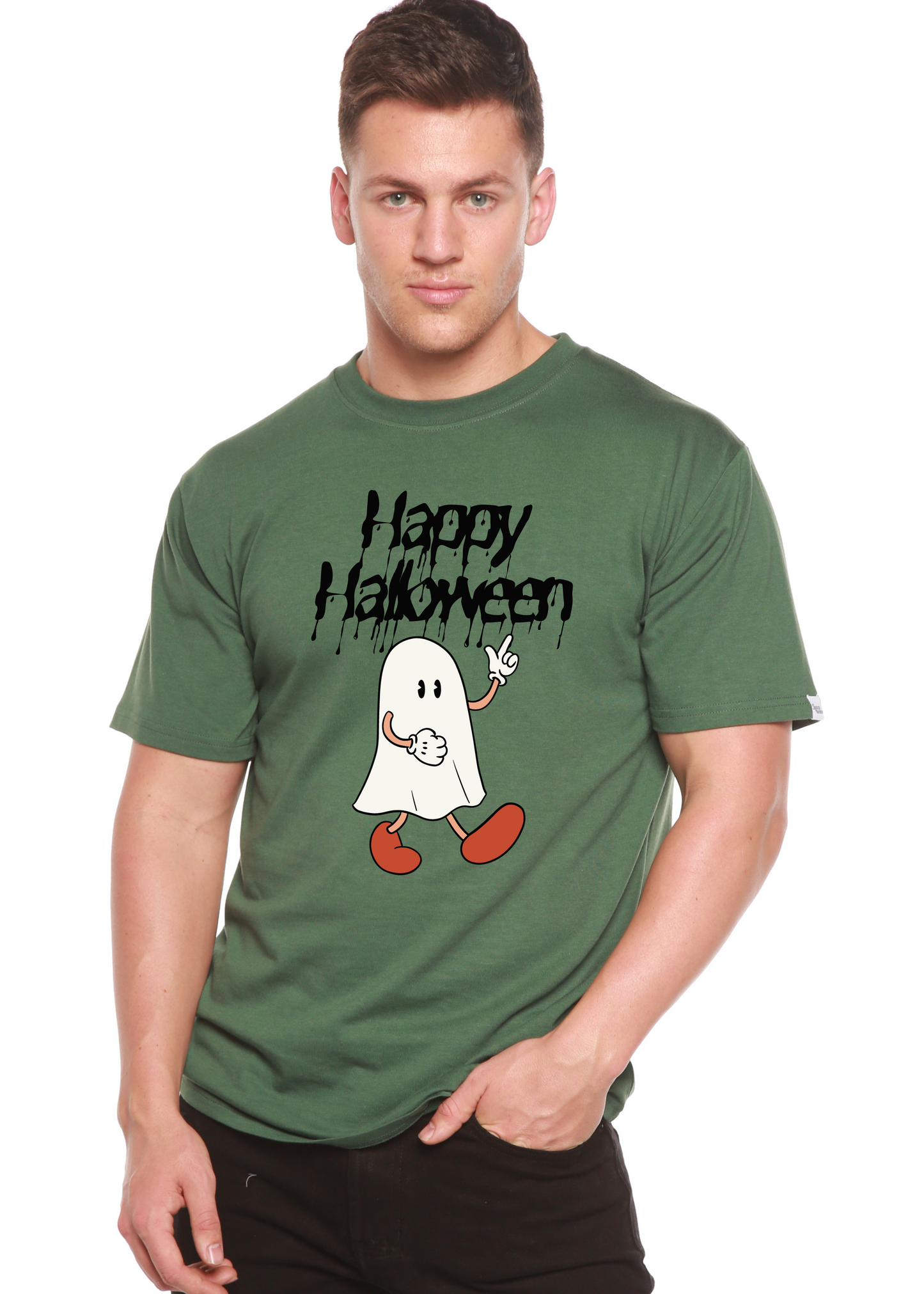 Happy Halloween men's bamboo viscose/organic cotton graphic tee green with ghost cartoon on Tampa Home & Garden Store