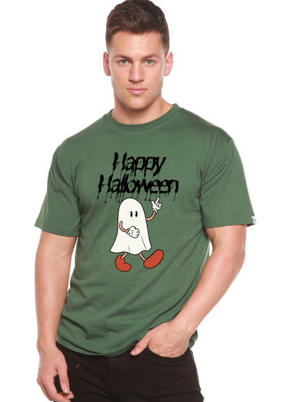 Happy Halloween men's bamboo viscose/organic cotton graphic tee green with ghost cartoon on Tampa Home & Garden Store