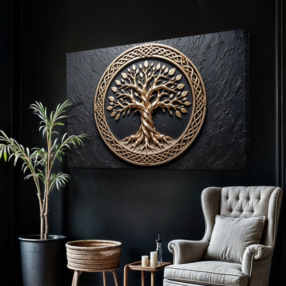 3D Celtic Tree of Life Wall Art canvas by Tailored Canvases with a gold-tone tree in a round frame on Tampa Home & Garden Store