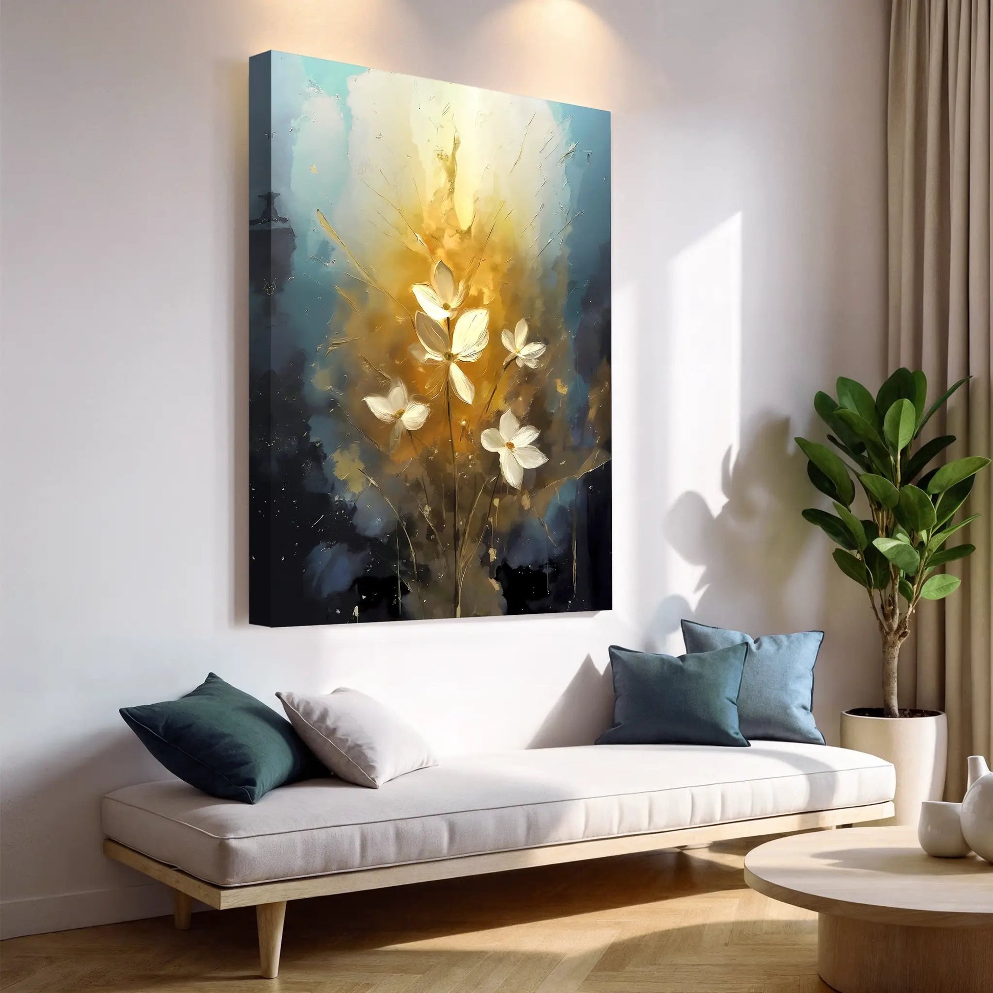 Golden Glow Flower Wall Art canvas Tailored Canvases with gold and white blossoms on blue on Tampa Home & Garden Store