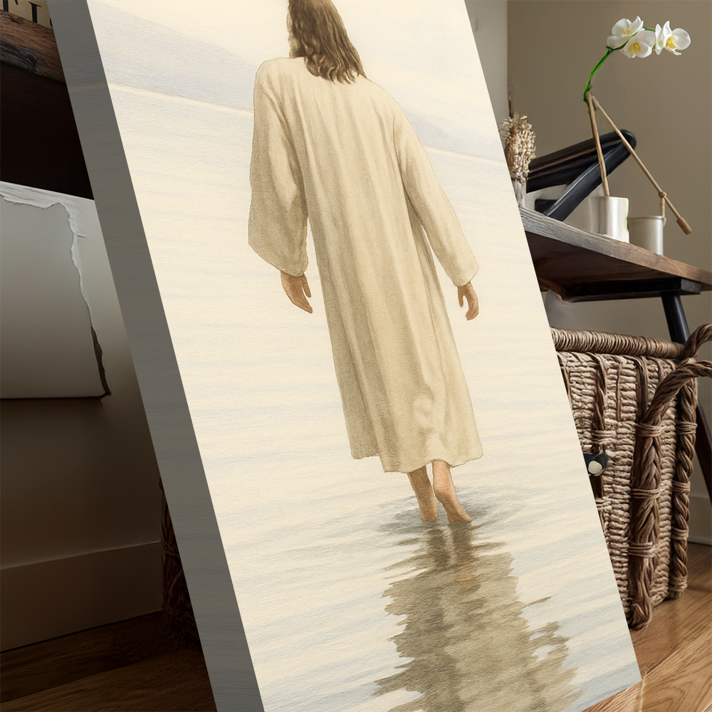 Reflections Faith Wall Art VIII canvas by Tailored Canvases; cream robe figure in water on Tampa Home & Garden Store