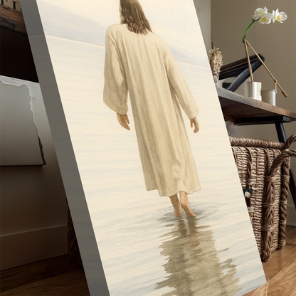 Reflections Faith Wall Art VIII canvas by Tailored Canvases; cream robe figure in water on Tampa Home & Garden Store