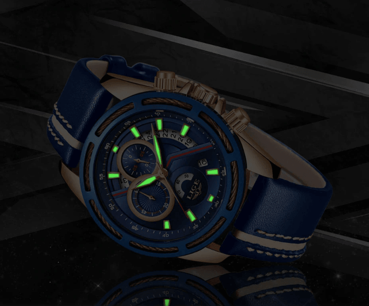 Stevvex men's blue waterproof sport watch with leather strap, luminous green hands on Tampa Home & Garden Store