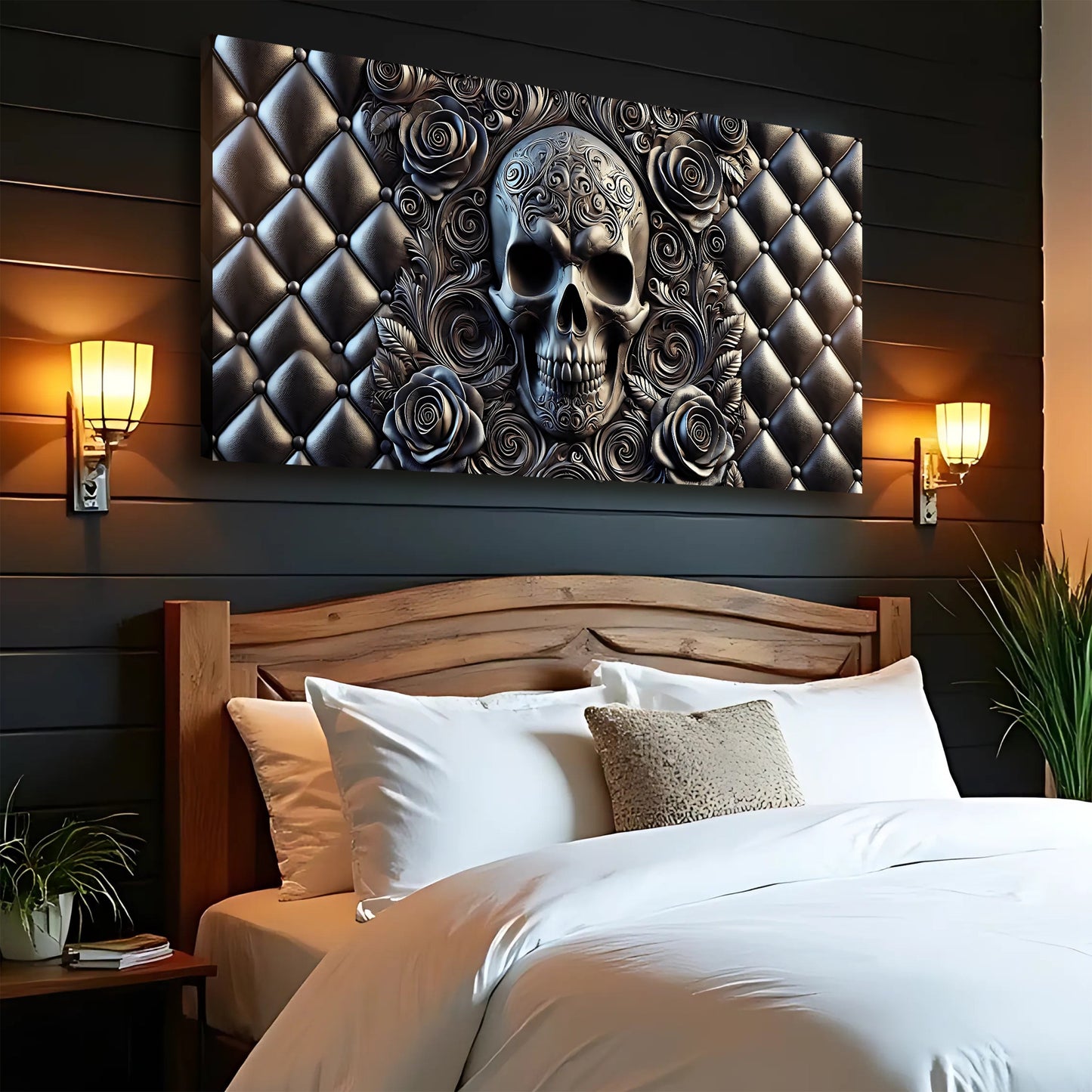 Canvas wall art 3D Rose and Skull design with swirling roses on a quilted metallic backdrop on Tampa Home & Garden Store