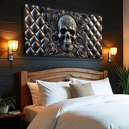 Canvas wall art 3D Rose and Skull design with swirling roses on a quilted metallic backdrop on Tampa Home & Garden Store