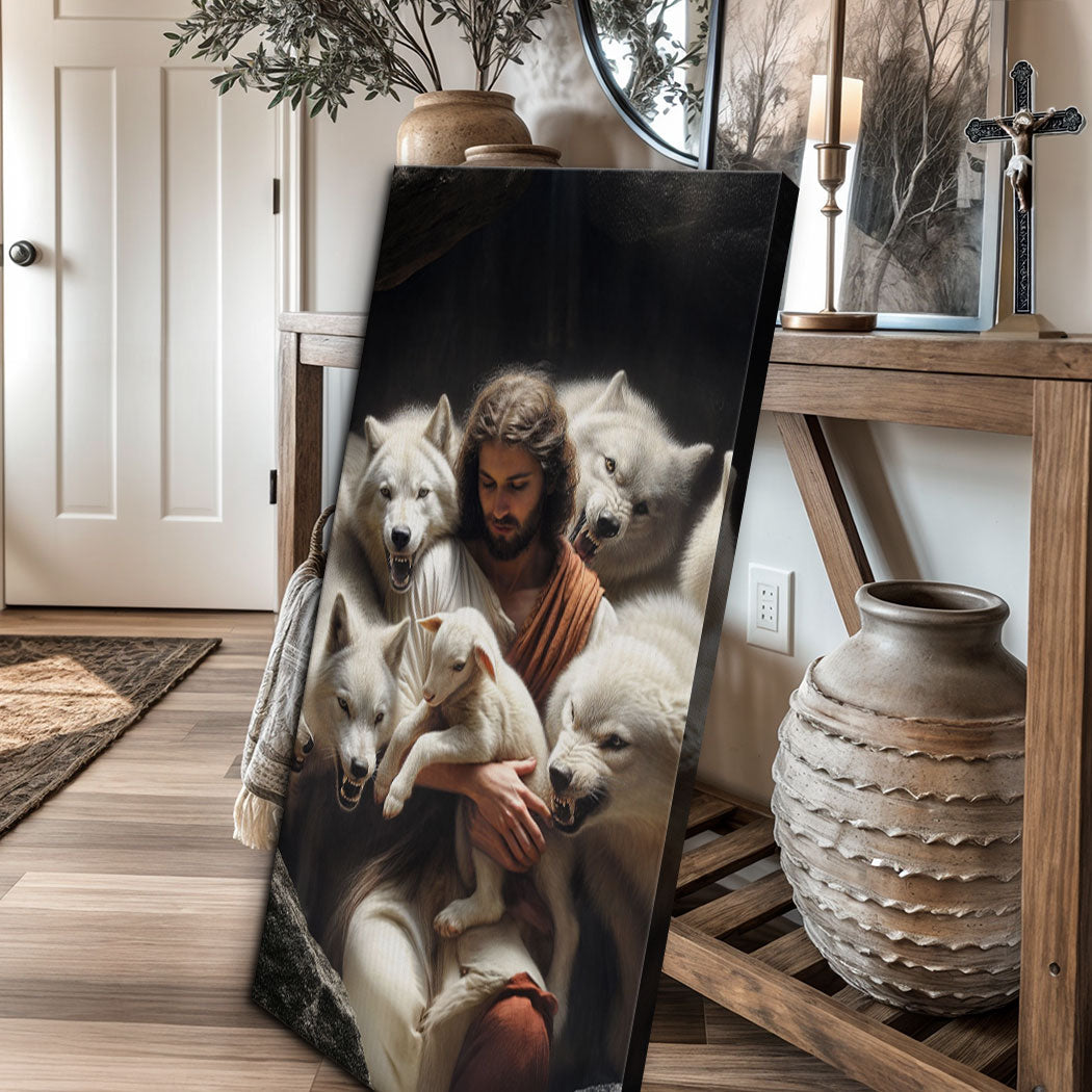 Jesus Protects The Lamb From Wolves Faith Wall Art canvas with white wolves Tailored Canvases on Tampa Home & Garden Store