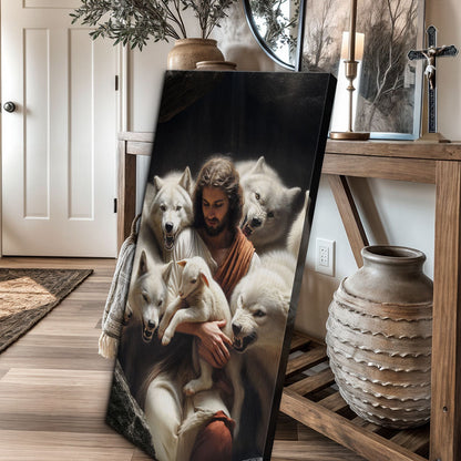 Jesus Protects The Lamb From Wolves Faith Wall Art canvas with white wolves Tailored Canvases on Tampa Home & Garden Store