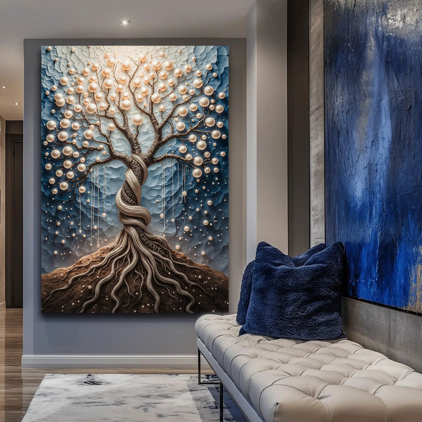 The Pearl Tree Wall Art canvas by Tailored Canvases, blue gradient with pearl spheres on Tampa Home & Garden Store