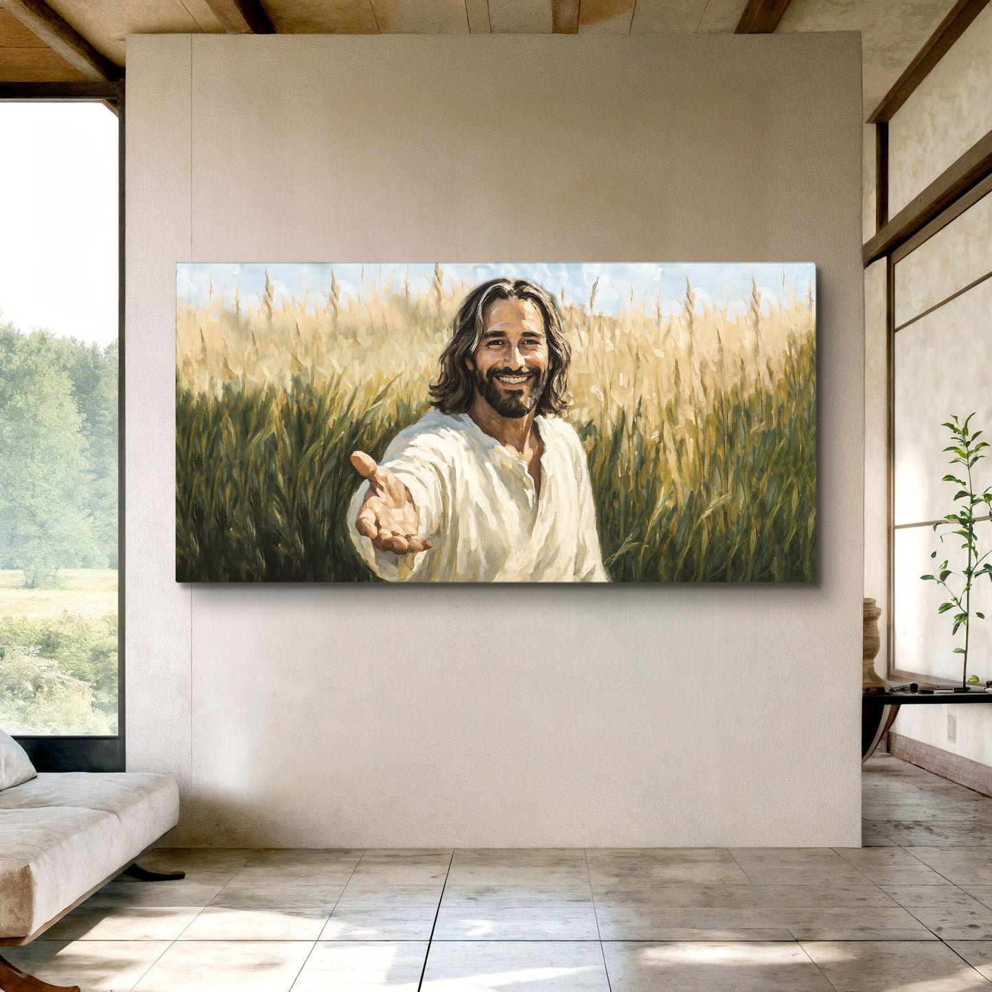 Savior's Invitation Faith Wall Art canvas by Tailored Canvases showing a man in golden field on Tampa Home & Garden Store