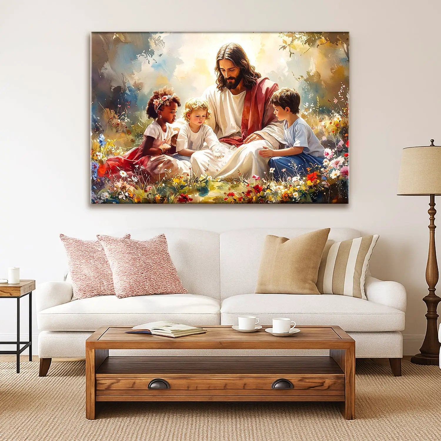 Jesus With Children Faith Wall Art VIII canvas showing Jesus with children in a meadow on Tampa Home & Garden Store