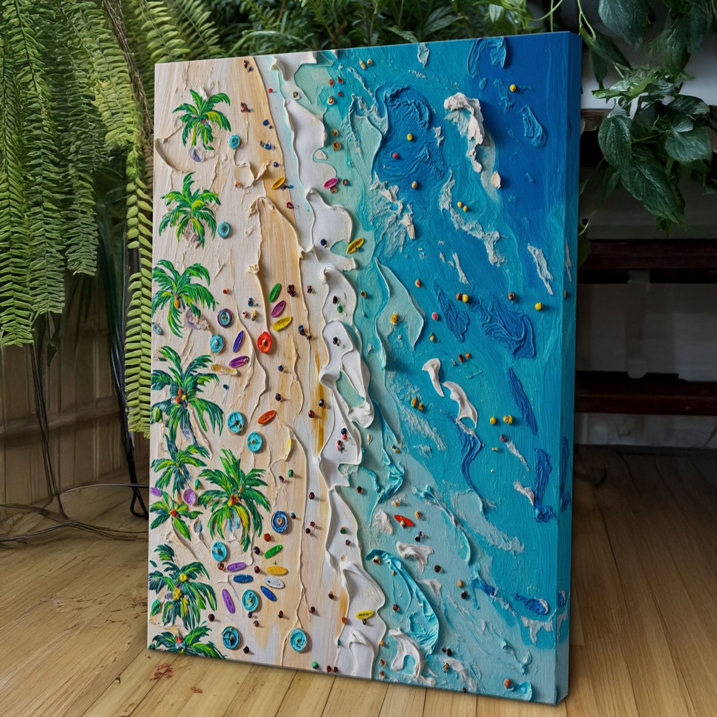 Beach Days Wall Art canvas with textured sand turquoise water palm trees and colorful beads on Tampa Home & Garden Store
