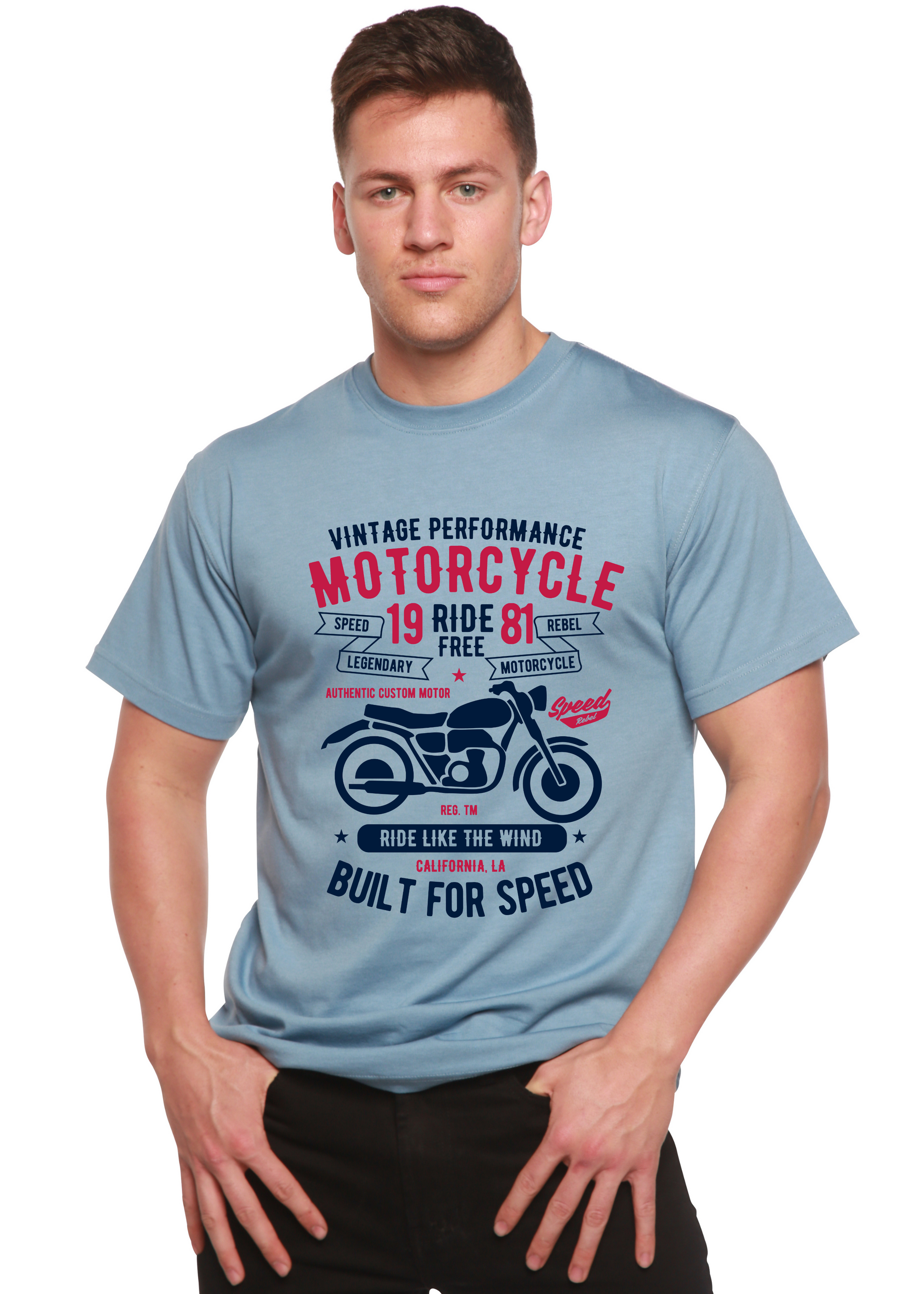 Motorcycle Ride Free T-shirt bamboo viscose/organic cotton blue motorcycle print Spun Bamboo on Tampa Home & Garden Store