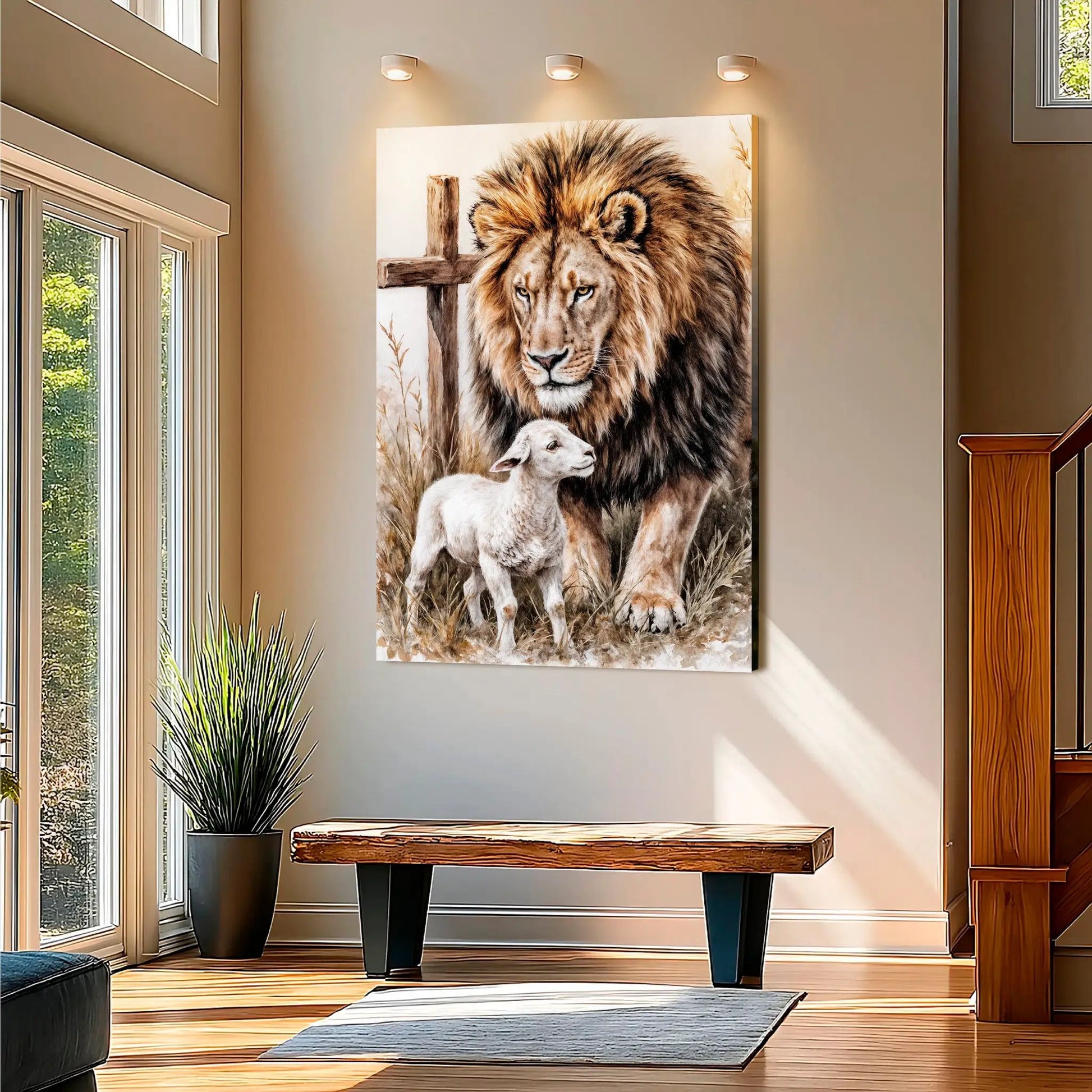 Lion And Sheep Faith Wall Art II canvas featuring a majestic lion and lamb scene on Tampa Home & Garden Store