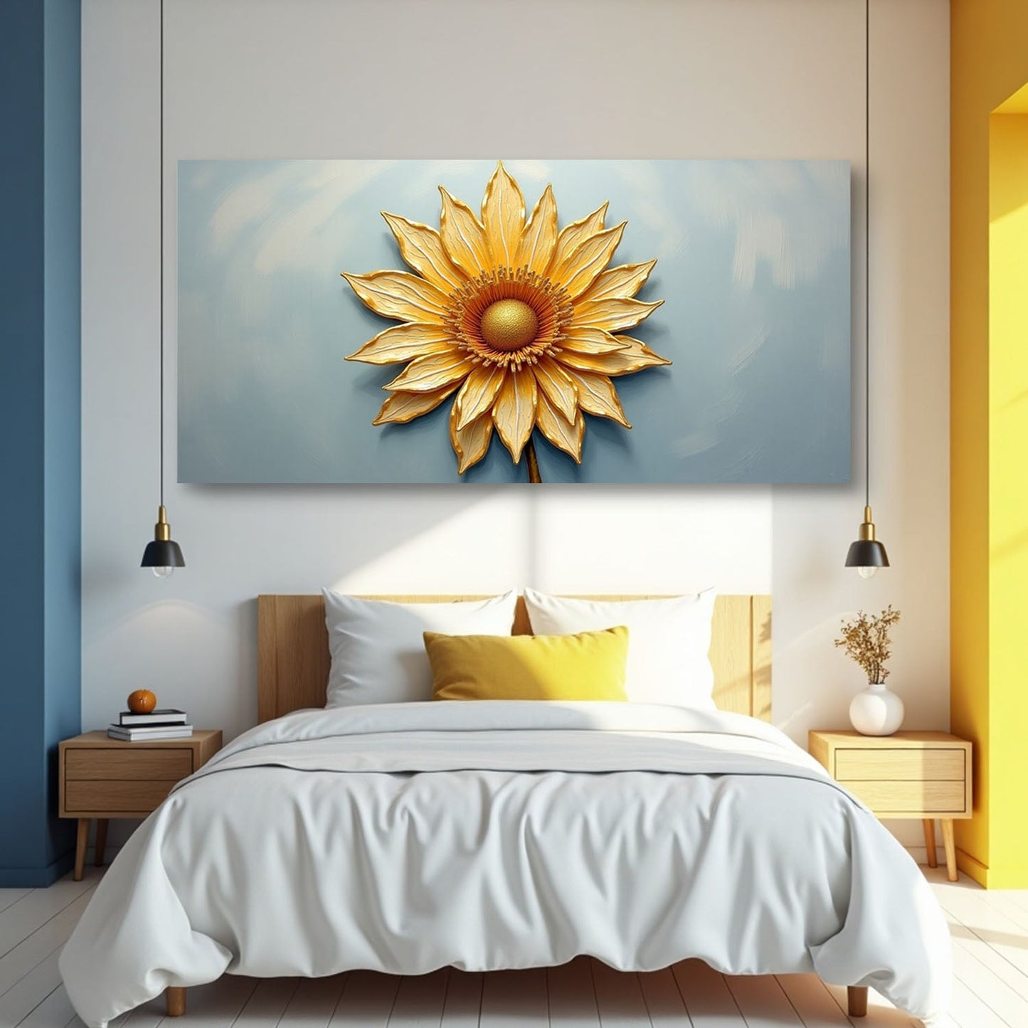 Canvas Golden Dandelion Minimalist Abstract Art II by Tailored Canvases in gold on blue on Tampa Home & Garden Store