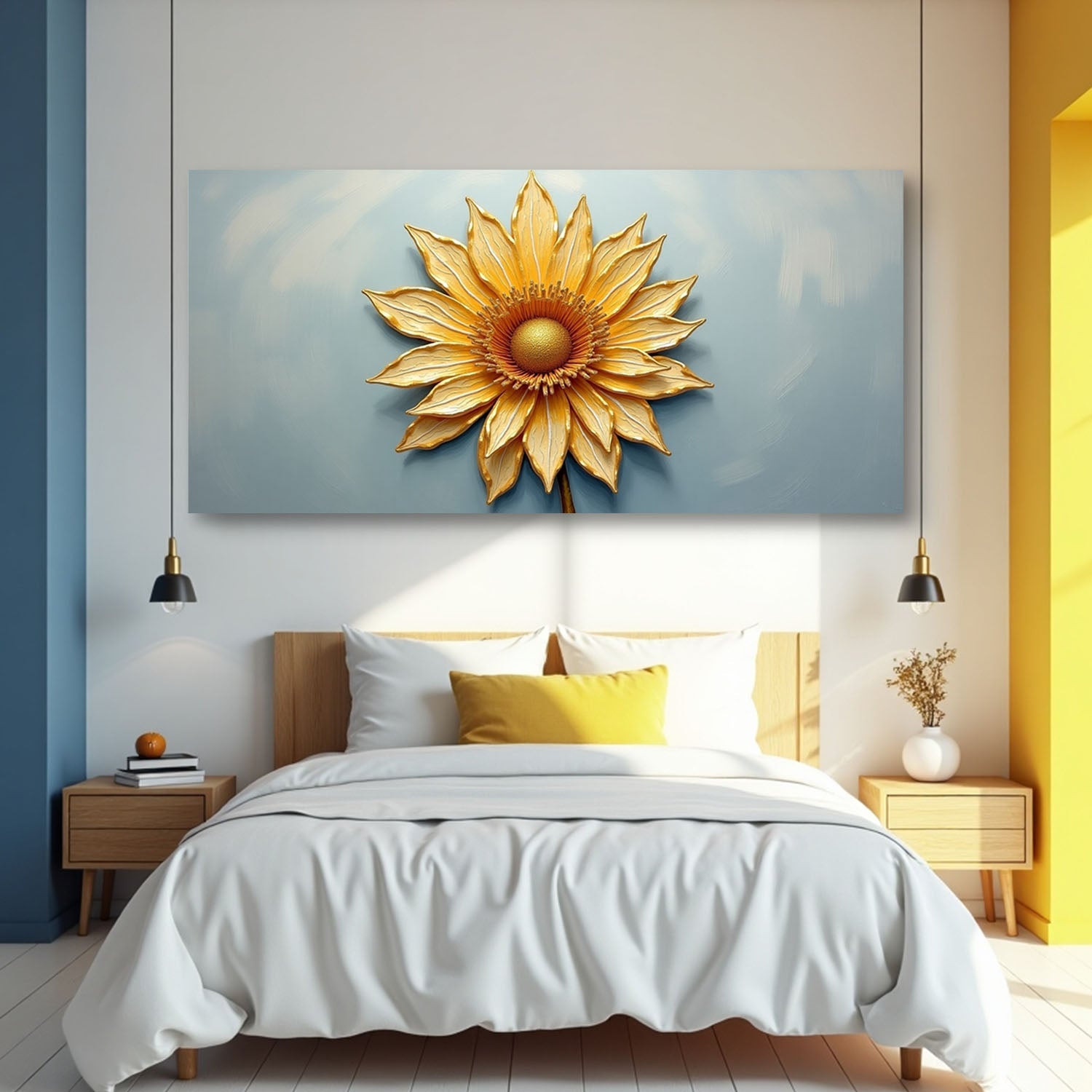 Canvas Golden Dandelion Minimalist Abstract Art II by Tailored Canvases in gold on blue on Tampa Home & Garden Store