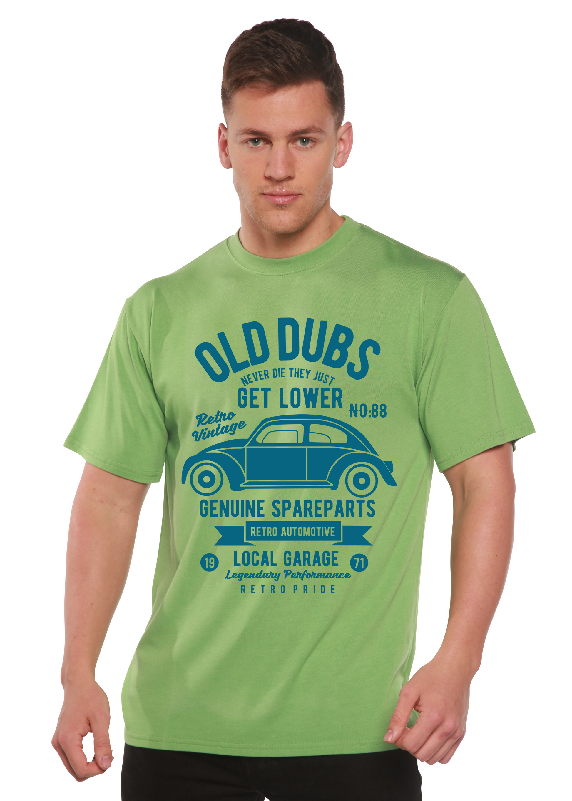 Old Dubs Spun Bamboo men's graphic T-shirt, green with blue retro car print on Tampa Home & Garden Store