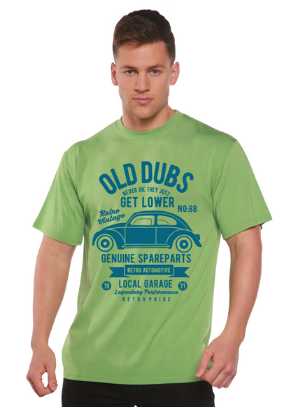 Old Dubs Spun Bamboo men's graphic T-shirt, green with blue retro car print on Tampa Home & Garden Store