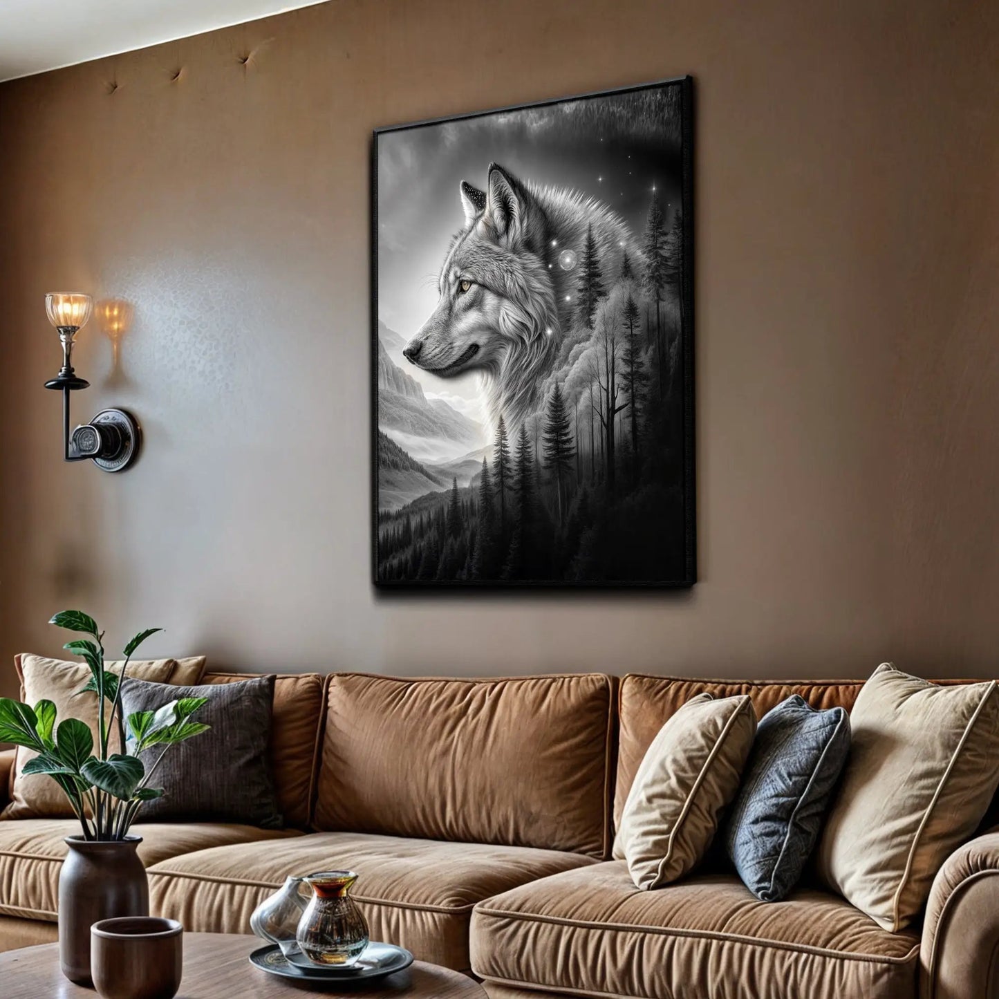 Wolf Double Exposure Wall Art II canvas by Tailored Canvases, grayscale wolf with forest on Tampa Home & Garden Store