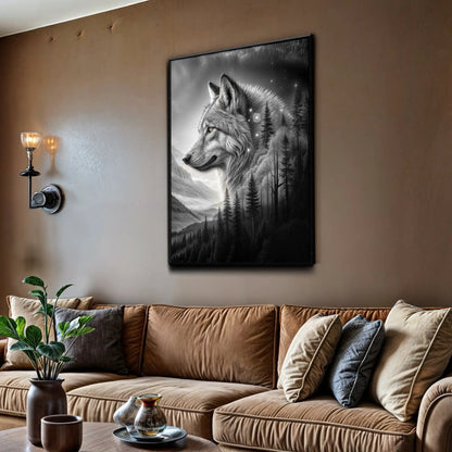 Wolf Double Exposure Wall Art II canvas by Tailored Canvases, grayscale wolf with forest on Tampa Home & Garden Store