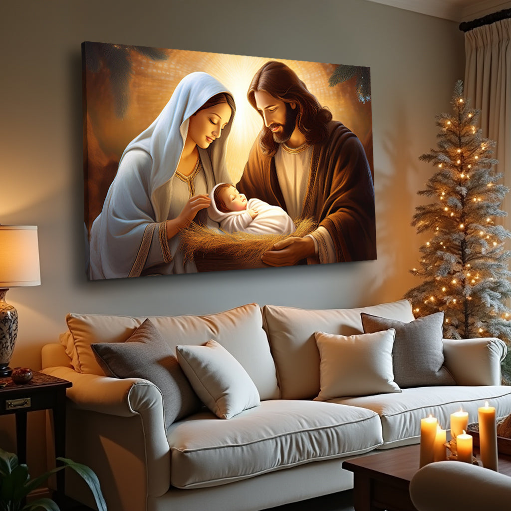 3D Faith Wall Art II canvas by Tailored Canvases depicting a nativity scene over a sofa on Tampa Home & Garden Store