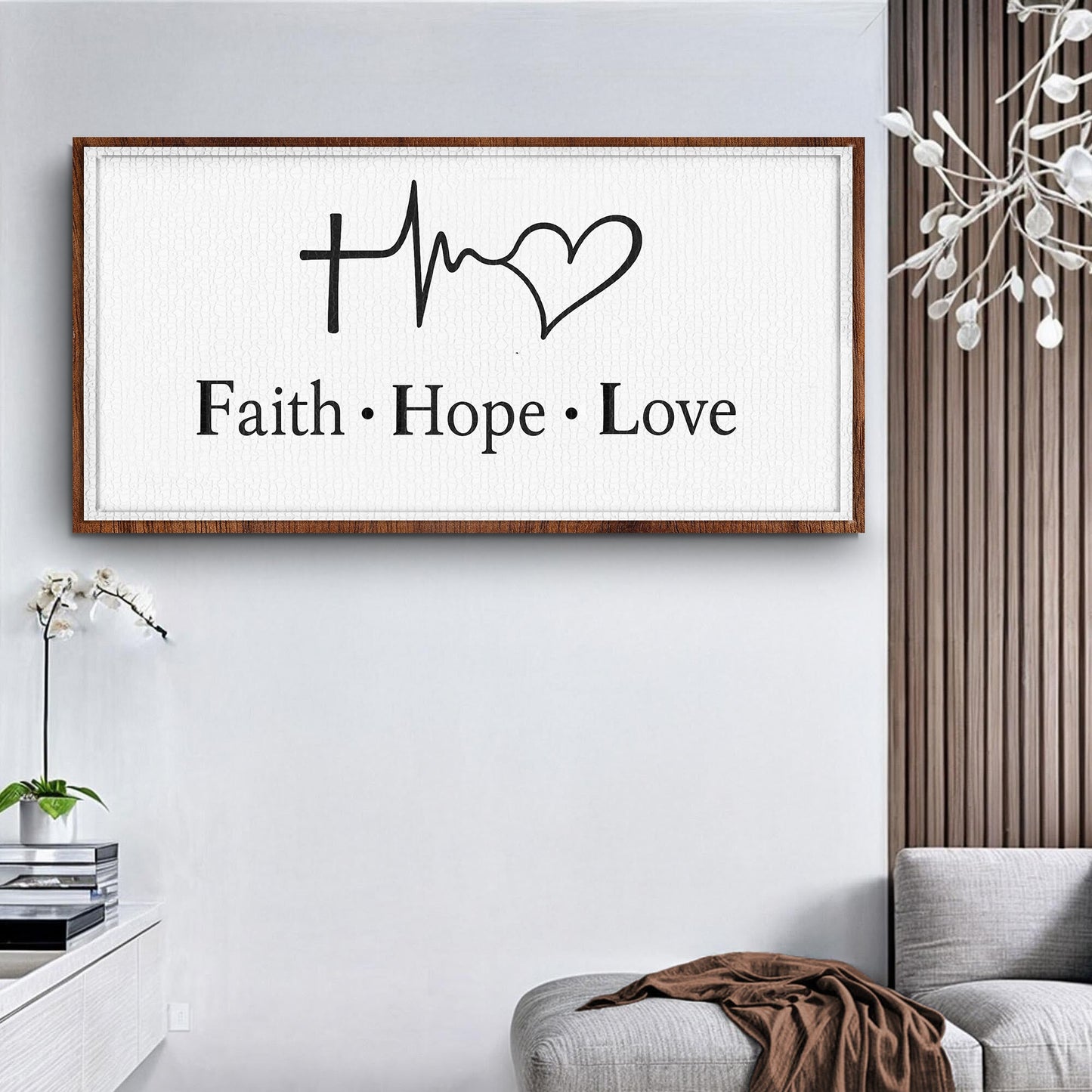 Faith Hope Love canvas wall art by Tailored Canvases, white textured background, wood frame on Tampa Home & Garden Store