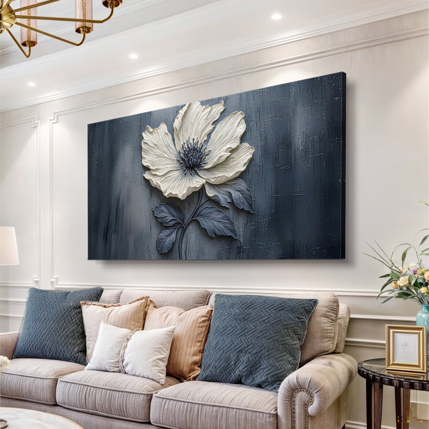 Floral Clay Relief Wall Art canvas with blue backdrop and white bloom by Tailored Canvases on Tampa Home & Garden Store