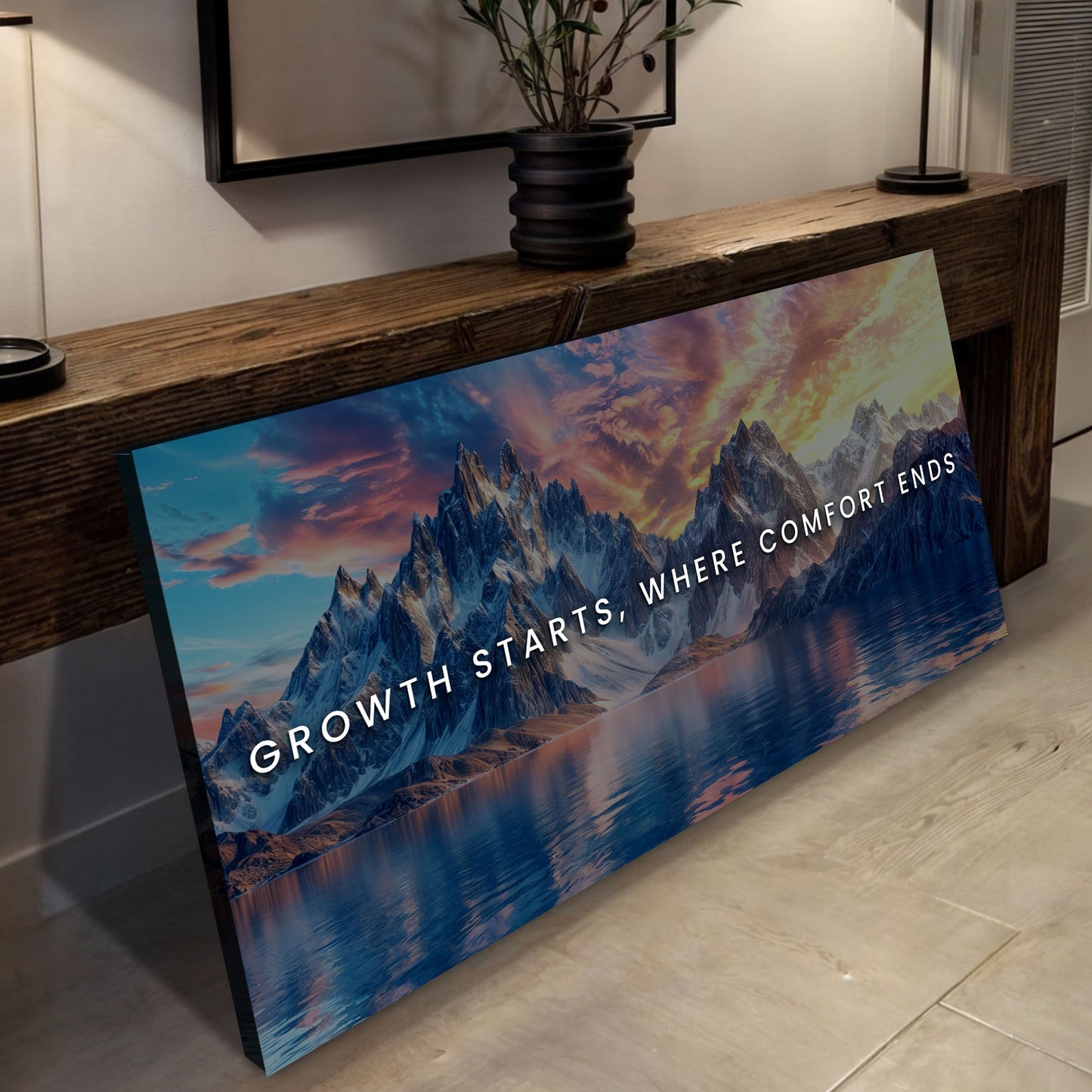 Motivational canvas sign Growth Starts Where Comfort Ends with mountain landscape by Tailored Canvases on Tampa Home & Garden Store