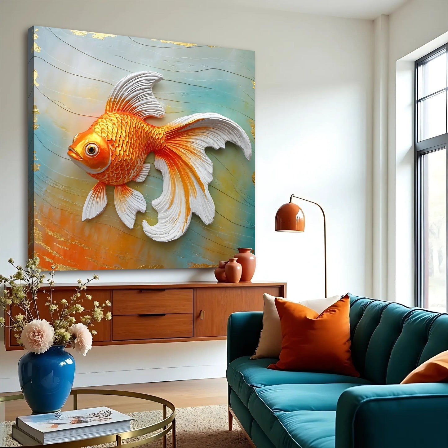 3D Goldfish Wall Art by Tailored Canvases; orange fish sculpture on turquoise background on Tampa Home & Garden Store